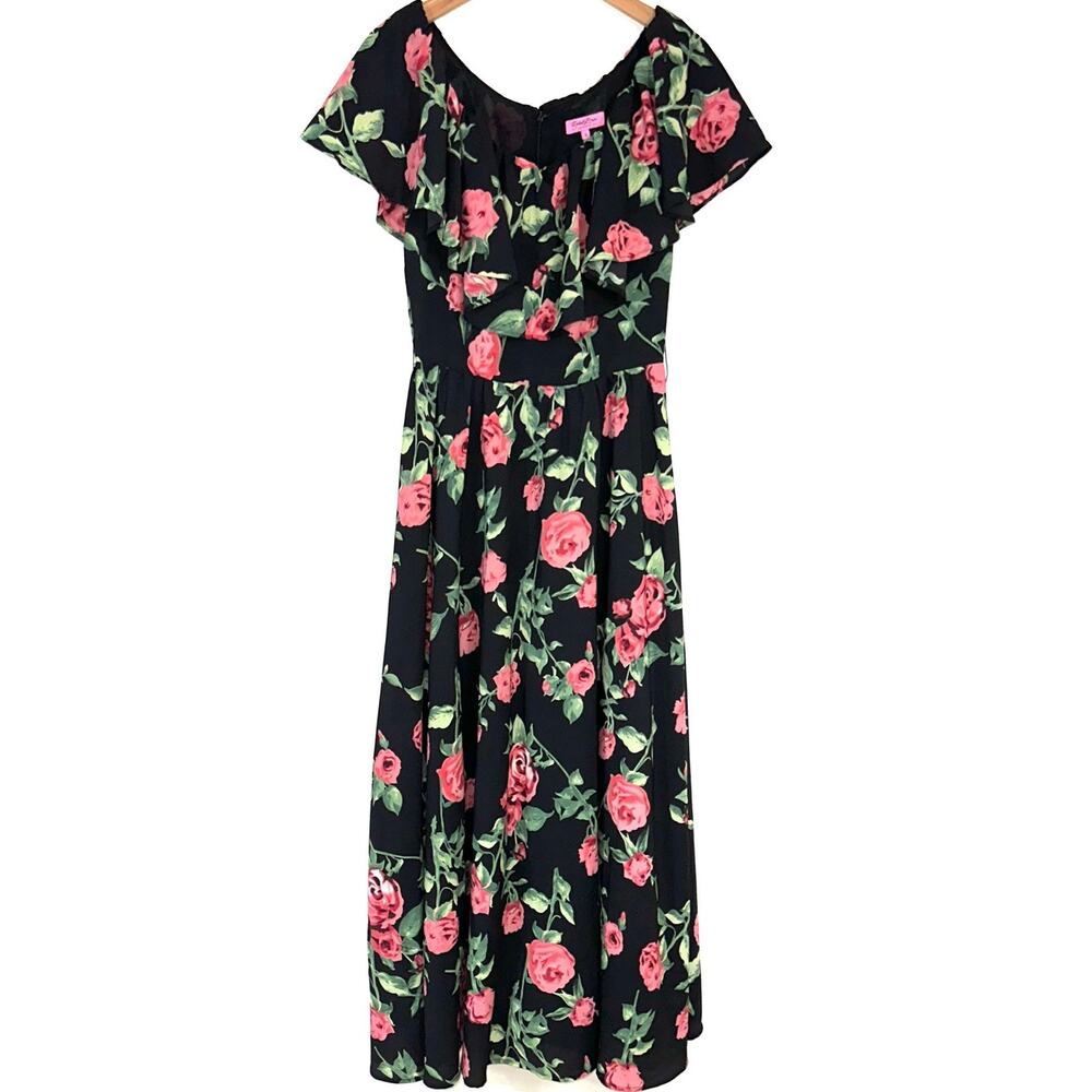 Rebel Love Clothing Pink Black Rose Floral Ruffle Maxi Dress Size Small
